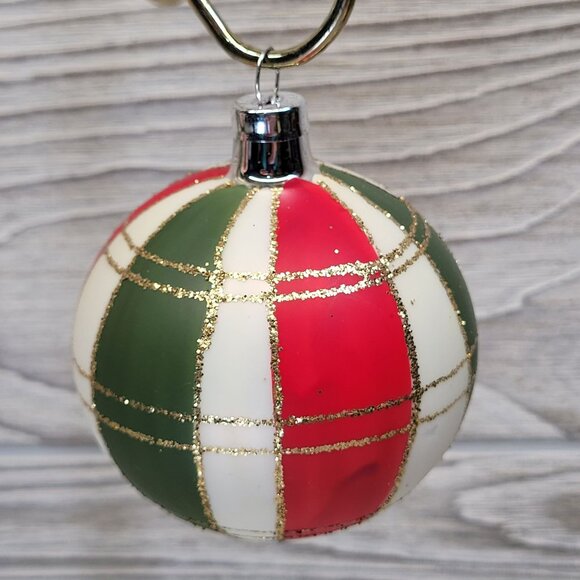 Bradford Plaid Christmas Trimmeries Glass Tree Ornaments Stripes Red Green White - Picture 7 of 9